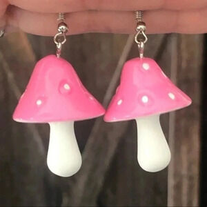 Pastel Pink & White Big Psychedelic Cartoon Mushroom Drop Earrings